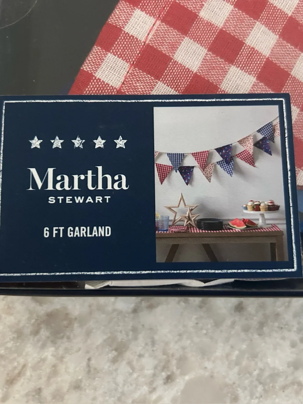 “New”Martha Stewart Red & Navy Gingham Triangle 6 ft Garland
